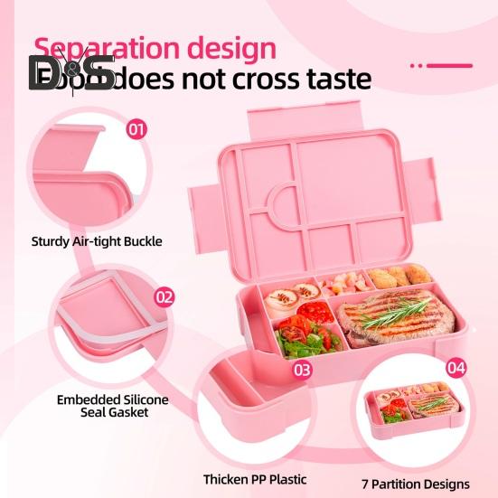 Bento lunsjboks lekkasjesikker 6-roms lunsjboks med skjegaffel sauskopp BPA-fri matbeholder for skolesnackbeholder