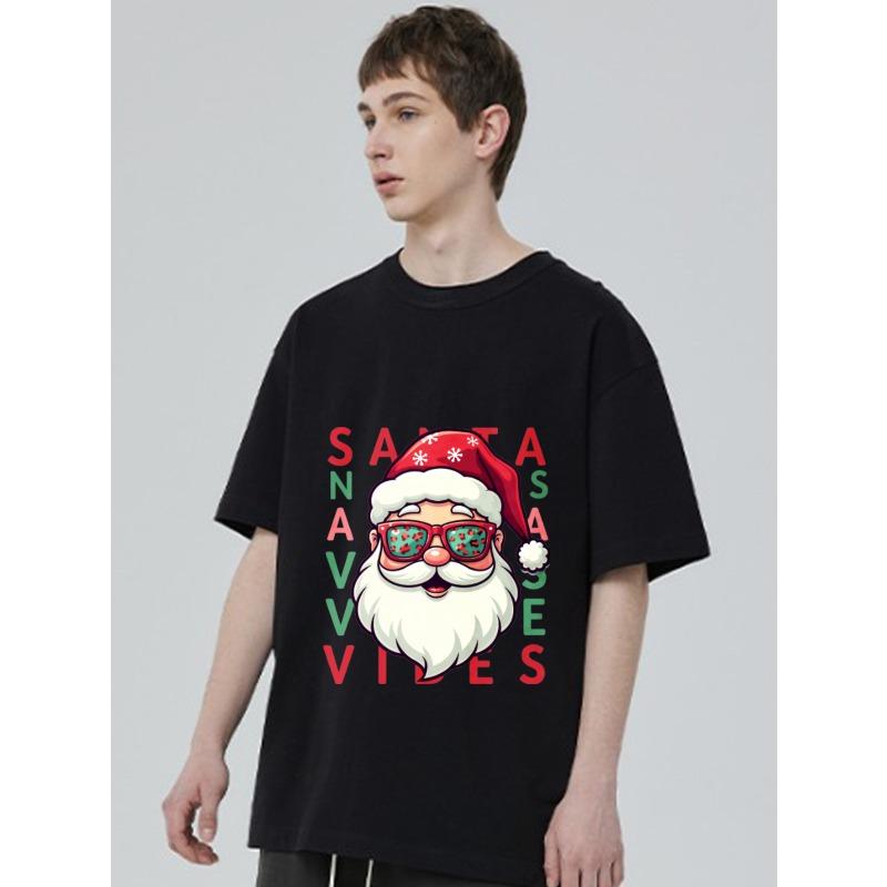 Christmas T-Shirt Black Santa Claus with Sunglasses and Navidad Text Holiday Party Wear