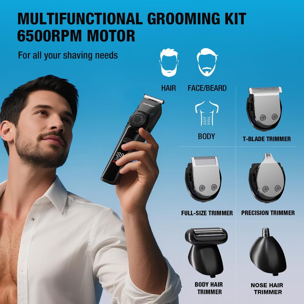 SUPRENT Men's Beard Trimmer All-in-One Grooming Kit 40 Dial Settings Waterproof Adjustable USB-C Rechargeable 3.5H Runtime Black
