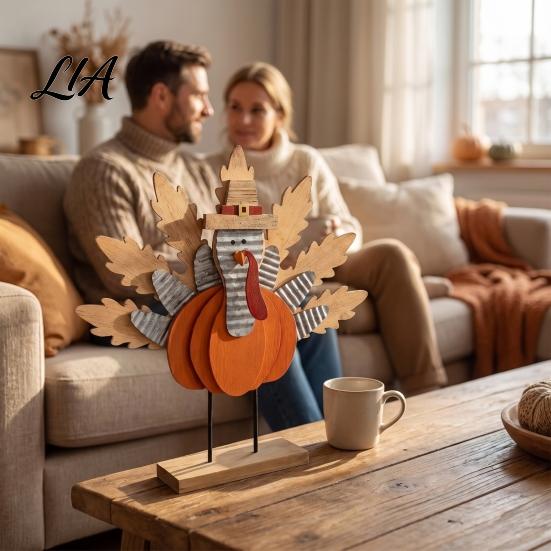 Thanksgiving Gift Souvenirs Turkey Decoration, Wooden Standing Ornament, Autumn Tabletop Rustic Pumpkin Crafts Centerpiece for Fall Harvest