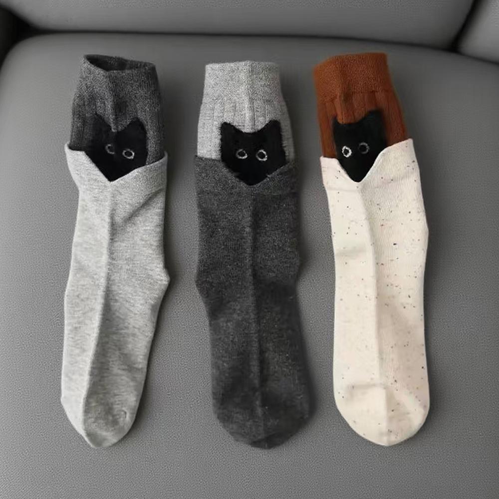 

3 Pairs Kits Cat Cartoon Mid-Calf Socks Funny Hide-And-Seek Cute Warm Socks Cotton Women Home Sleep Stockings Black Gray One Size