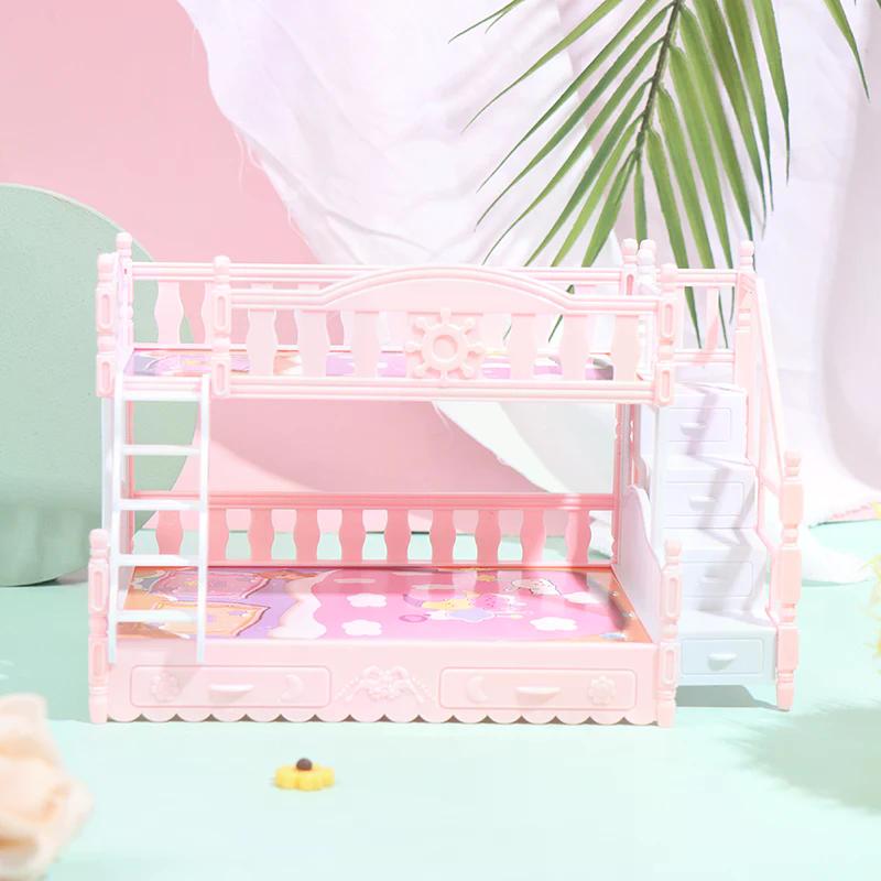 Dollhouse Miniature European Princess Double Bed Simulation Furniture Doll House Bedroom Decor Pretend Play Toys For Kids