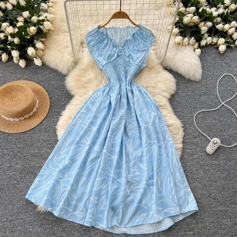 French dress summer fashion waist V-neck sleeveless slim print big pendulum retro dress