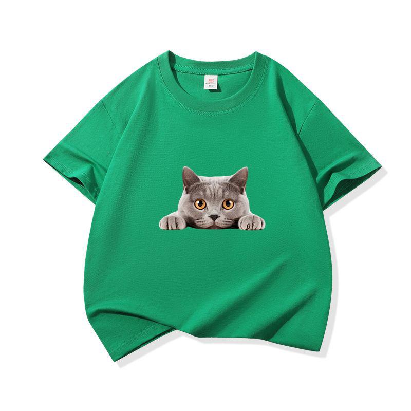 Kids Cotton T Shirt Peeking British Blue Cat Pattern Print Crew Neck Short Sleeve Tee Casual Breathable Boys Girls Summer Tops