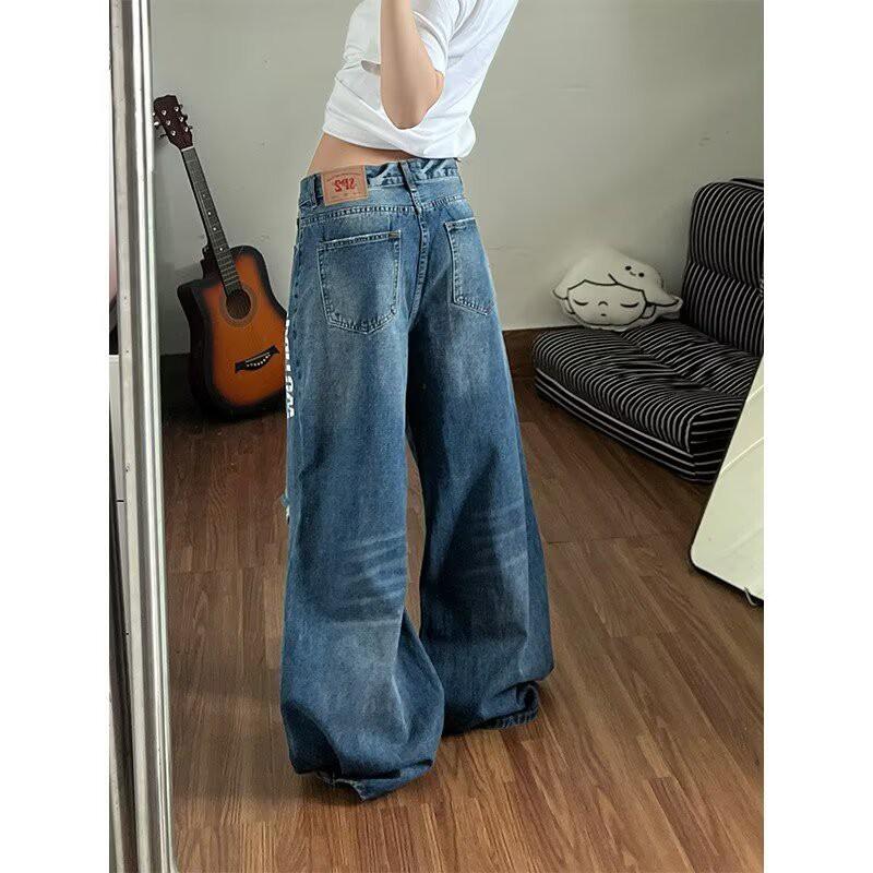 Womens Distressed Vintage Denim Jeans With Letter Print Loose Wide Leg Straight Cut Long Pants