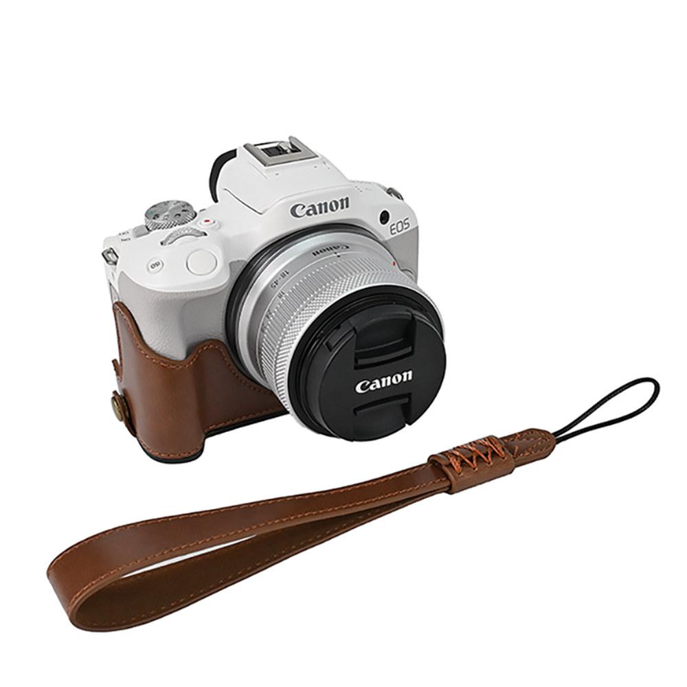 R100 Ölhaut PU-Leder Kamera Halbkörpergehäuse für Canon EOS R50 R100 Akkuöffnung Bodenabdeckung