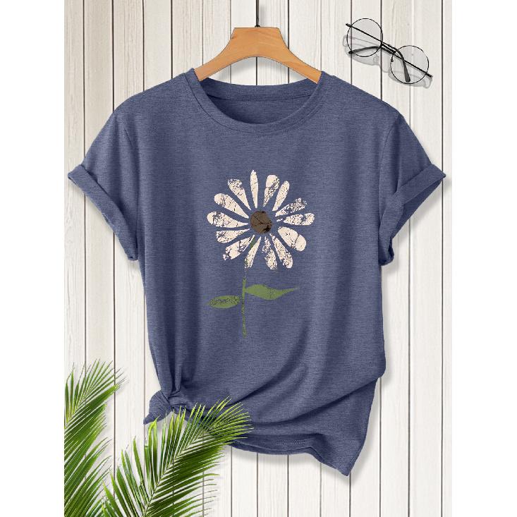 2026New Spring Summer Women s Round Neck Vintage distressed daisy print short sleeve shirt T Shirt Vintage distressed casual top Soft Knit Fabric S сапфир синий