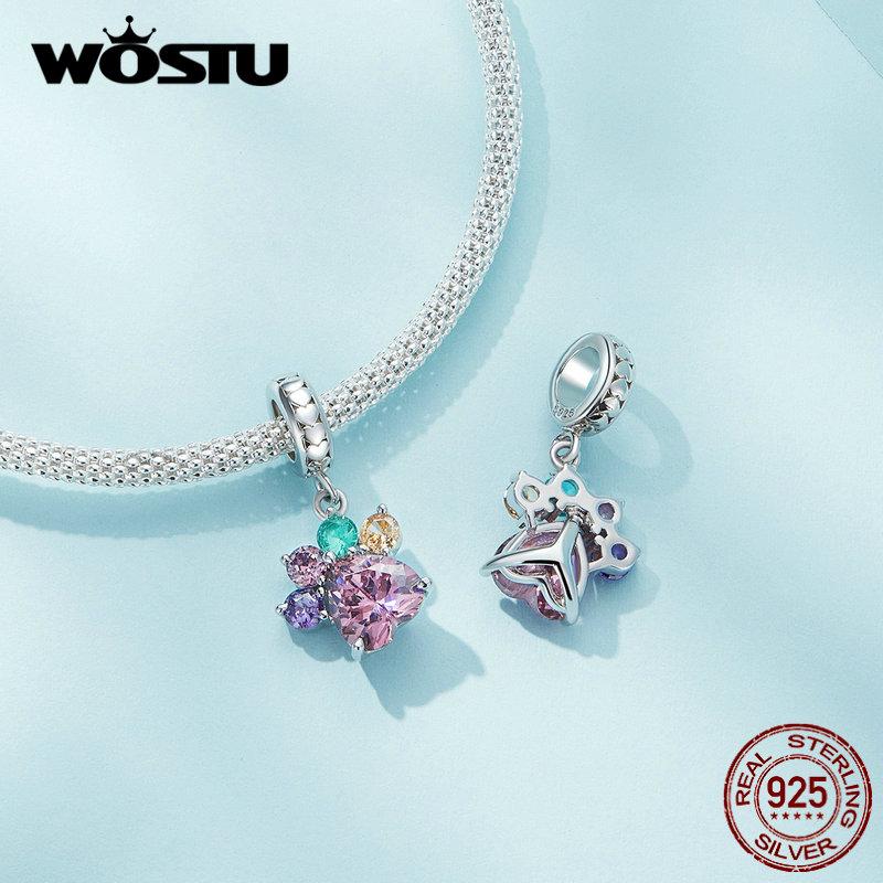 

WOSTU стерлингового серебра 925 пробы красочные цирконы подвески в виде лапы бусина для женщин оригинальный серебряный браслет ювелирные изделия 925 silver