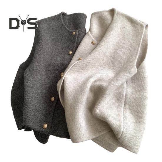 Women Knitted Vest Round Neck Sleeveless Button-down Thick Elastic Pure Color Brushed Texture Loose Sweater Coat for Spring Autumn Winter