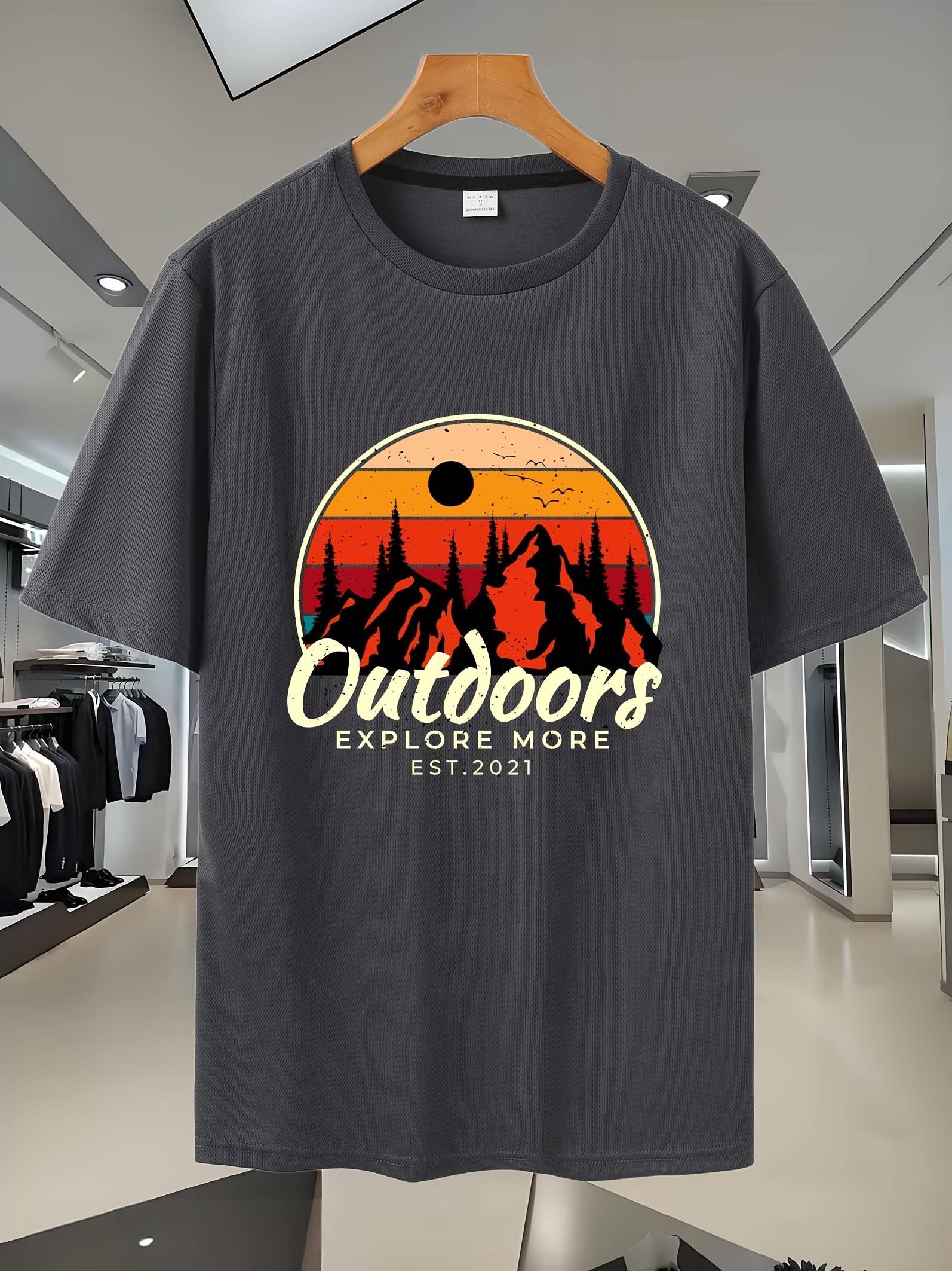 

Breathable Mesh Sport Gym T-shirt with Outdoor Adventure Graphic Print - Moisture-Wicking Short Sleeve Tee for Hiking XXXL