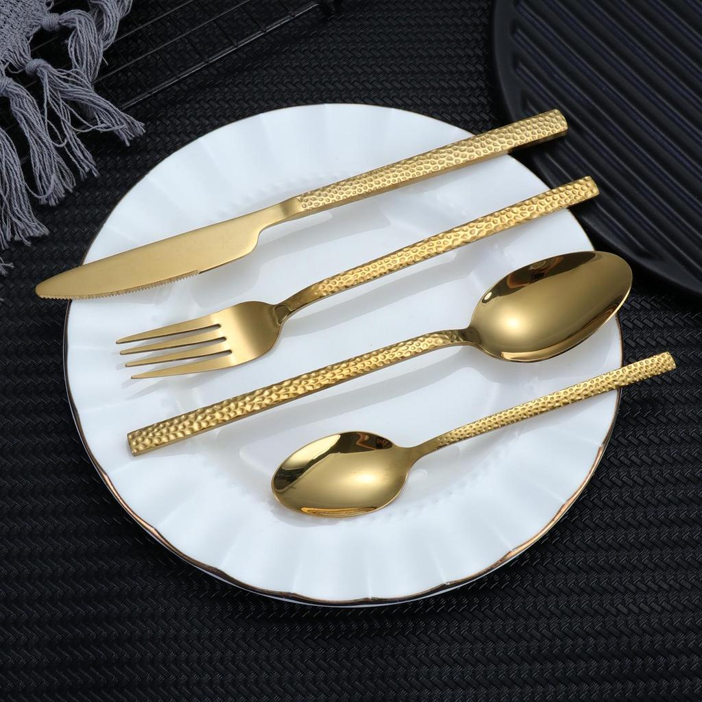 Cross Hammered Stainless Steel Cutlery Set - Luxury Knife, Fork, Spoon & Dessert Spoon
