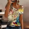 Damska Koszulka T-shirt z Panterką, Odkrytymi Ramionami, Krótkim Rękawem, Nieregularnym Wycięciem pod Szyją, Casualowa Letnia Bluzka Top