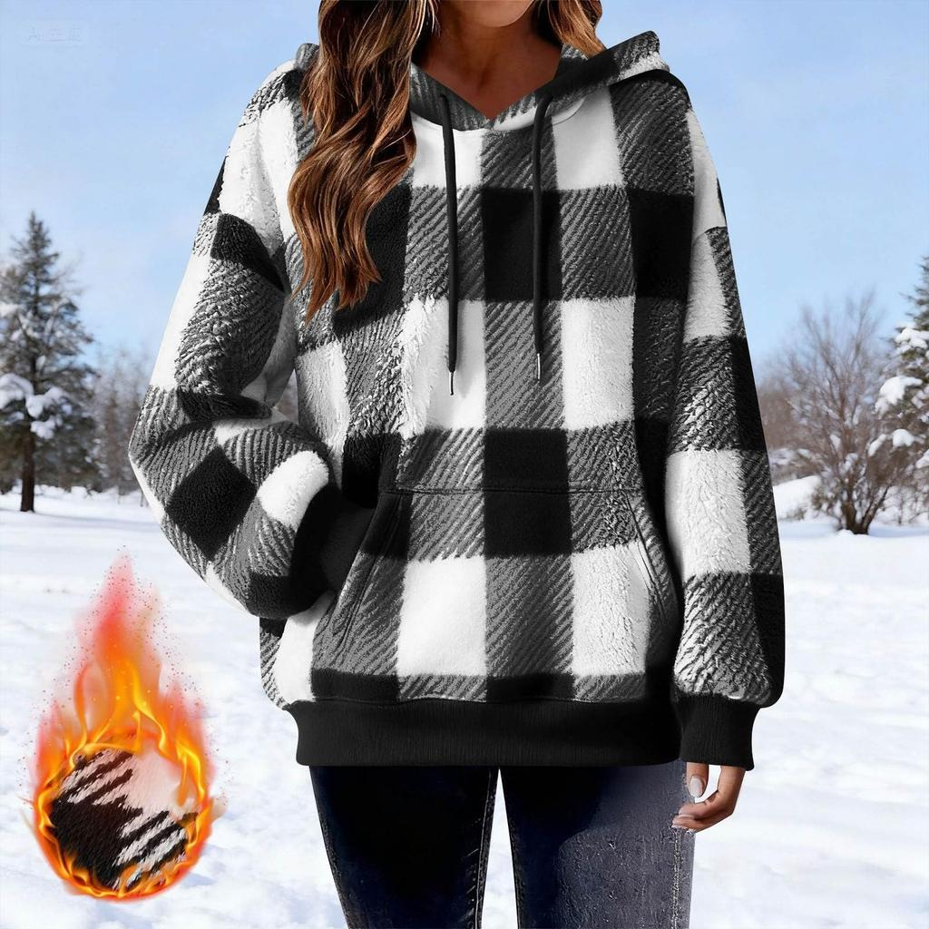 Women's Casual Long Sleeved Checkered Top Loose Long Sleeved Pullover Plush Top