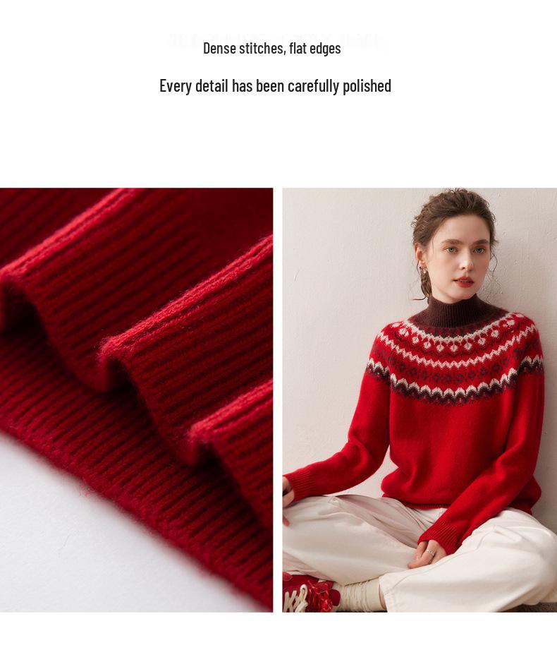 Thick Fair Isle Jacquard Half-High Collar Cashmere Wool Patchwork Sweater