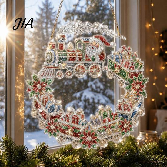 Decorative Acrylic Craft Christmas Faux Diamond Art Suncatcher, 2D Flat Window Hanging Ornament, Seasonal Home Accents Beaded Pattern Holiday