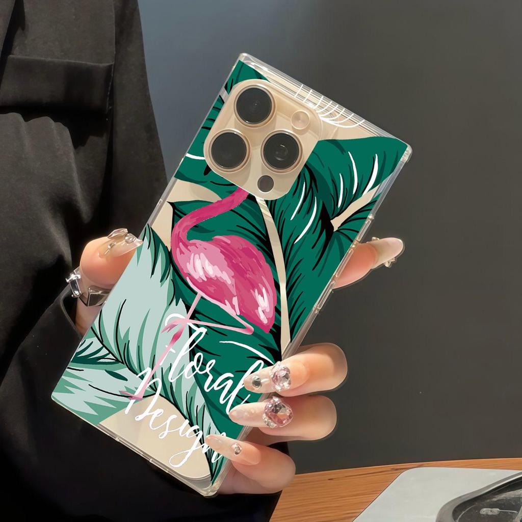 Clear Square Back Tube Case Protection For iPhone 13 15 Plus 16 ProMax 12 14 Pro Max 11 Anti-Oxygen,Red Flower Flamingo Pattern Casing