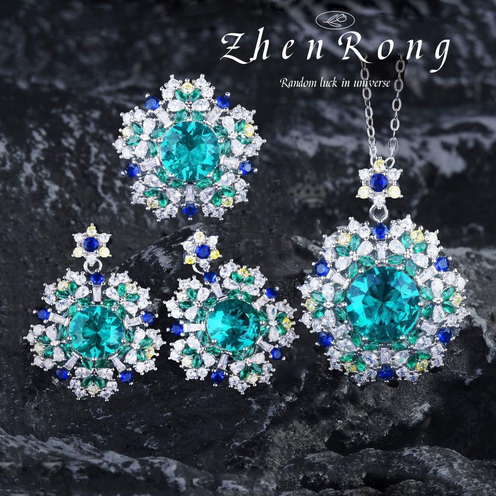 

Royal Style Emerald Necklace Heavy Duty Imported High Carbon Diamond Floral Pendant Jewelry Set for Women