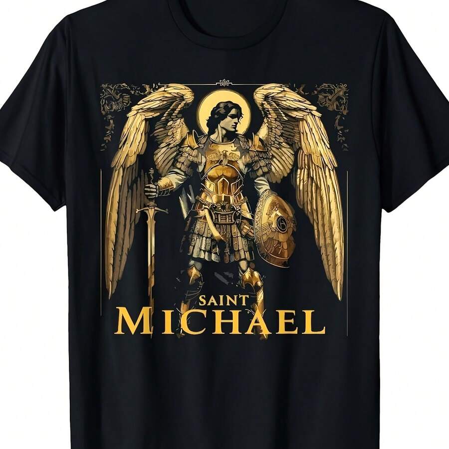 

Catholic Christian Graphic Tee Featuring Archangel Saint Michael - Black With Golden Wings And Sword S разноцветный