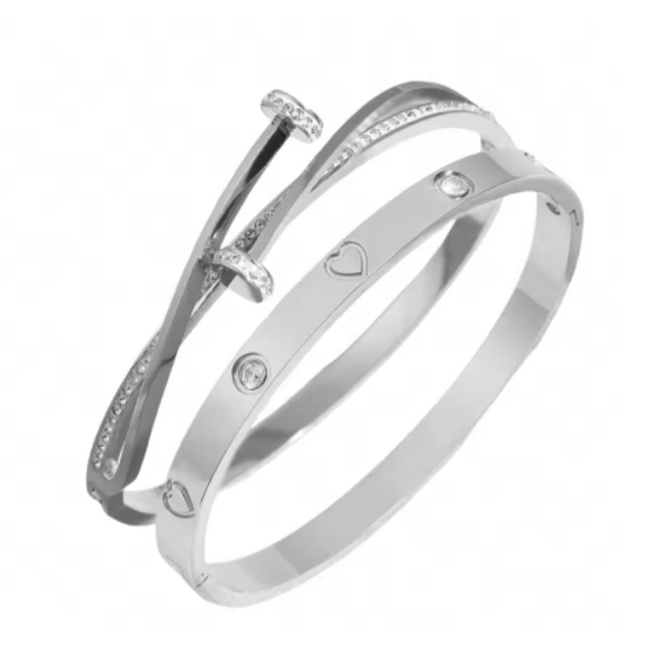 

ZAKOL 2 штуки Классический открытый браслет с гвоздиками для женщин Блестящие циркониевые вставки Набор браслетов из нержавеющей стали Женские подарки с цирконием