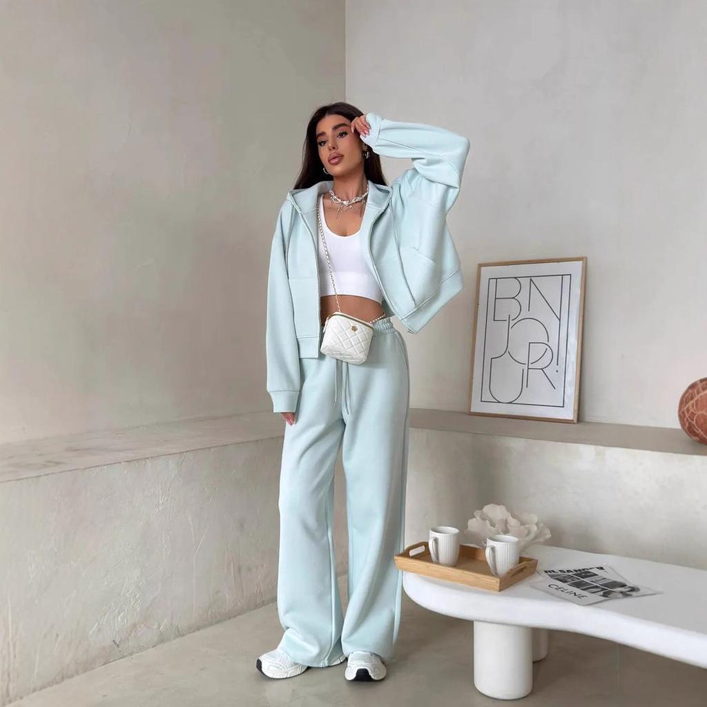 Women's Light Yellow Hooded Zip Up Tracksuit Set Casual Loose Fit Jacket and Wide Leg Pants