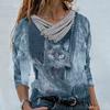 Women Casual Tops Cross V-Neck Buttons Printing Long Sleeve Sweaters Blouse