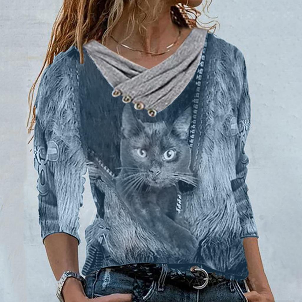 Women Casual Tops Cross V-Neck Buttons Printing Long Sleeve Sweaters Blouse
