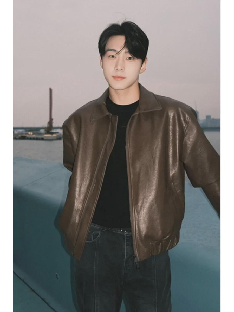 

Мужская короткая куртка из искусственной кожи в стиле ретро — корейский стиль, весна/осень 2024, модный и красивый дизайн 2XL (80-95 kg) кофейный