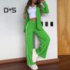 2 Pcs/Set Lady Formal Coat Pants Set Turn-down Collar Long Sleeves Jacket Loose Striped Wide Leg Trousers Casual Daily Wear Commuting Outfit