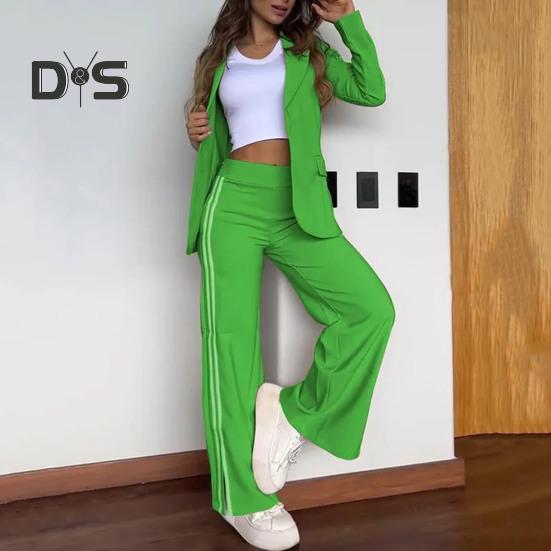2 Pcs/Set Lady Formal Coat Pants Set Turn-down Collar Long Sleeves Jacket Loose Striped Wide Leg Trousers Casual Daily Wear Commuting Outfit