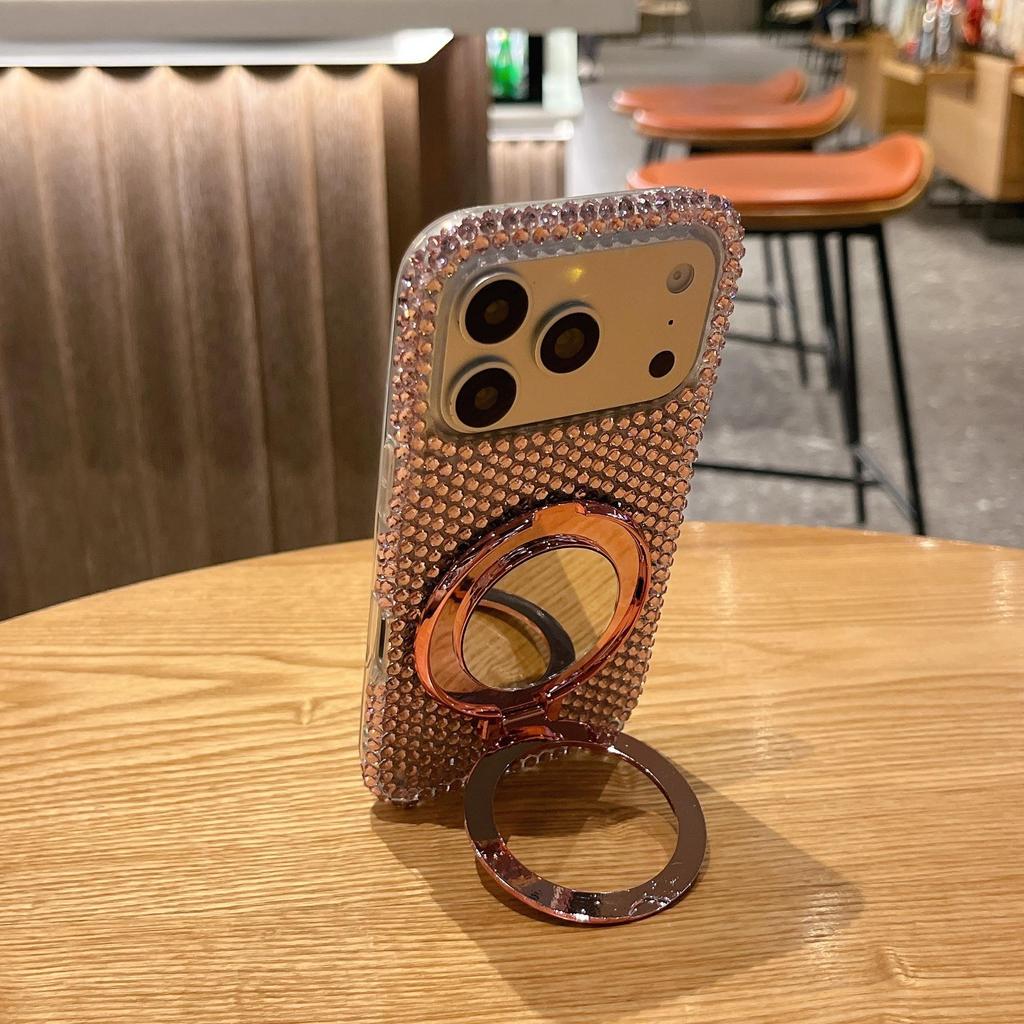 Luxury Full Diamond iPhone 13/14/15 Pro Max Mirror Stand Case with Lanyard