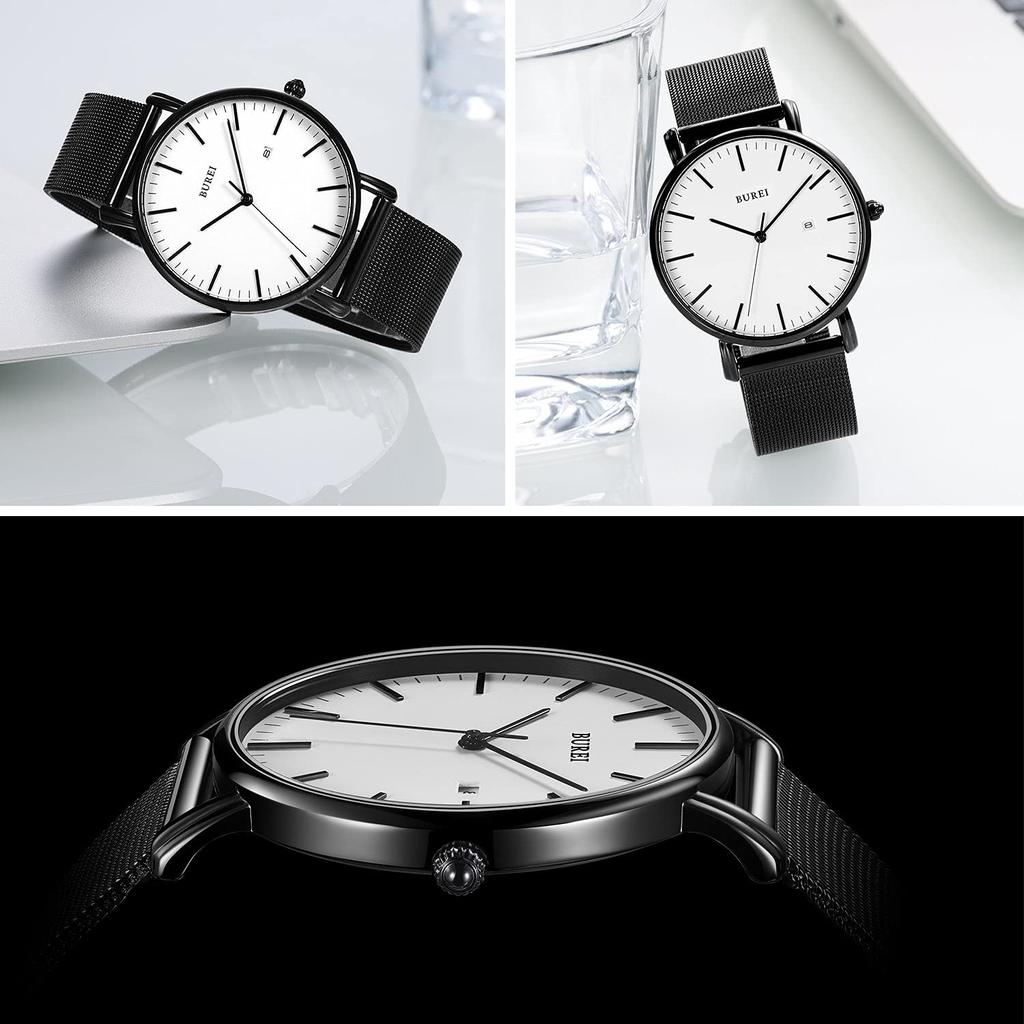BUREI Men's Minimalist Wristwatch Analog Quartz Waterproof Black and White