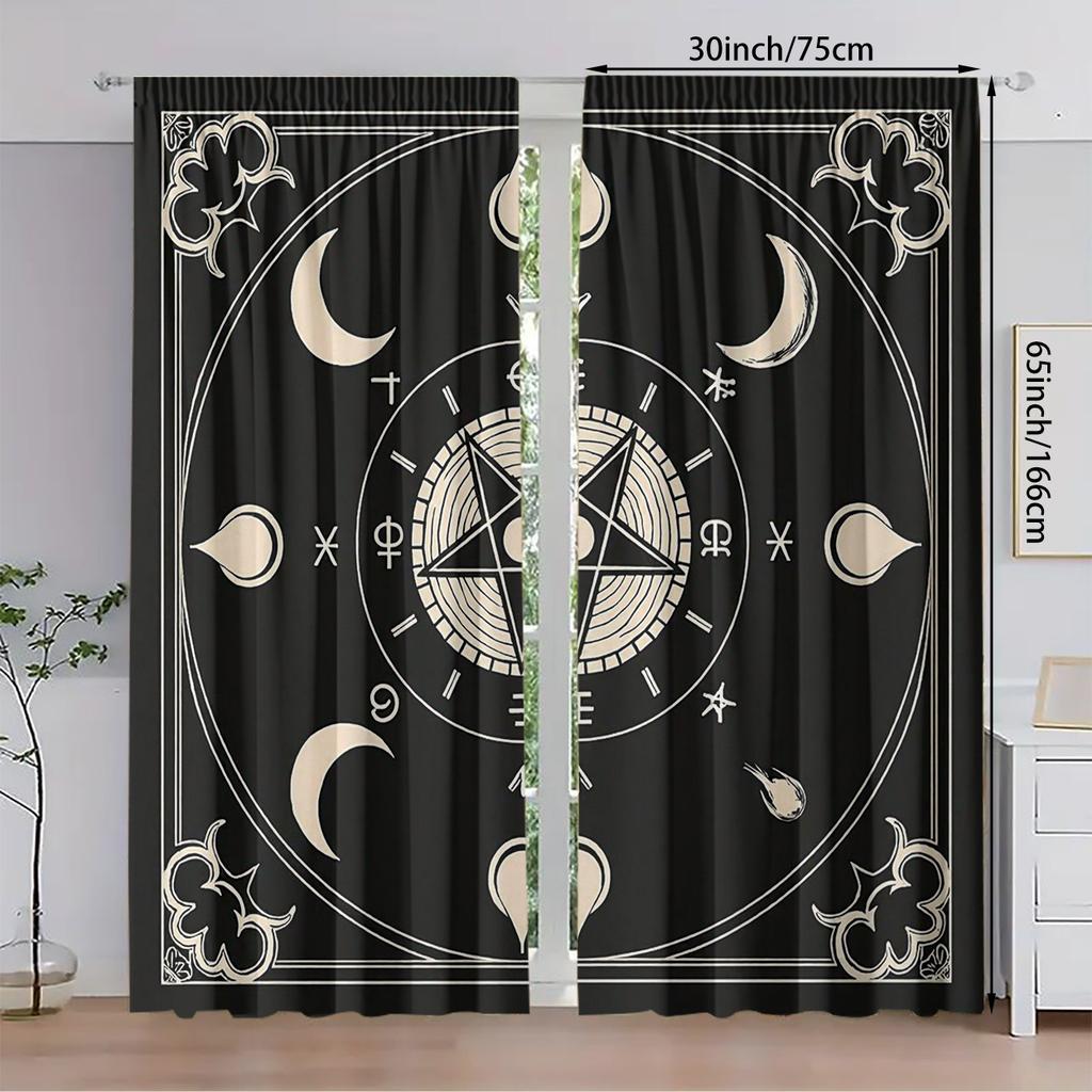 Set Of 2 Mystical Zodiac Moon Phase Print Curtains Black Polyester Drapes Design Perfect Curtain Semi Sheer Made With Rod Pocket