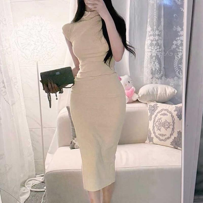 Korean Elegant High-Neck Slim Fit Dress