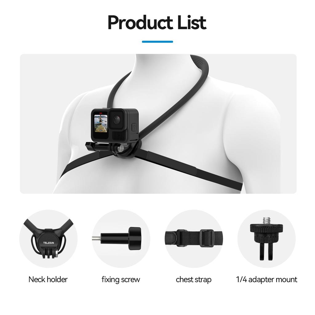 TELESIN Necklace Mount SE with Air Adjustable Chest Strap and Neck Holder for POV Compatible with GoPro Hero Insta360 Pro Action and AKASO 2.0
