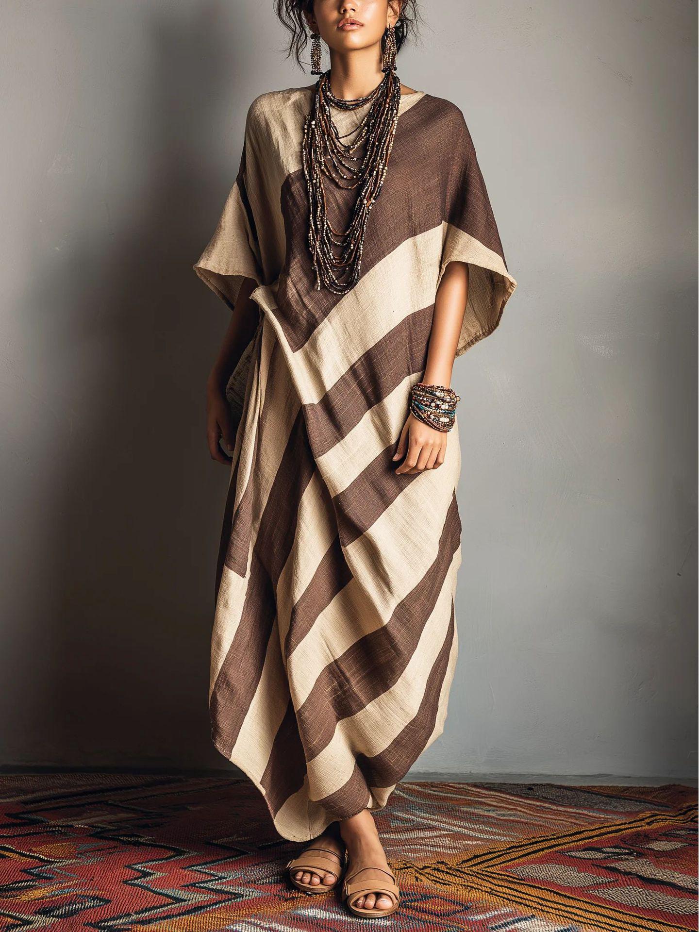 Women s Casual Brown Printed Woven Dress with Batwing Short Sleeves and Round Neck XXXL темно-коричневого