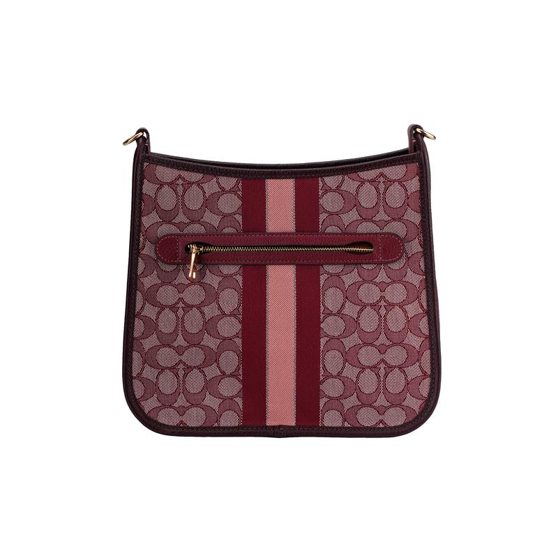 COACH Dempsey 27 classic old flower jacquard zipper closure logo patch fabric with cow leather crossbody bag large size women's red brown