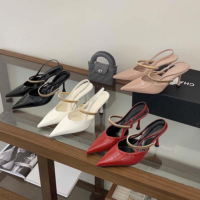 Beautiful Nude Patent Leather Pointed High Heels Women'S Summer Temperament Metal Word With Sexy Thin Heel Bag Head Sandals