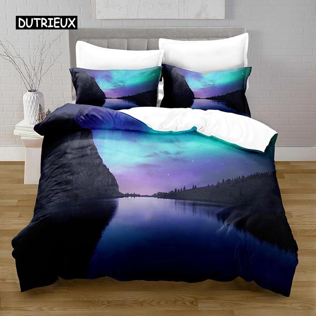 Lake Duvet Cover Set Lake Mountain Peak Stone Pattern Quilt Cover For Teens Adults Natural Scenery Theme Microfiber Bedding Set