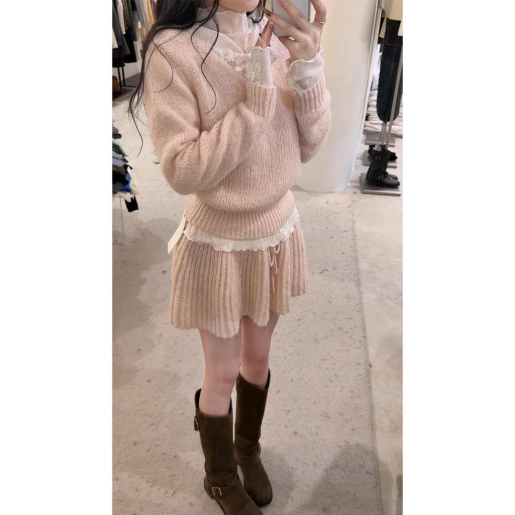 Elegant Winter Trio: Lace Base Layer, Fluffy V-Neck Sweater, and A-Line Skirt