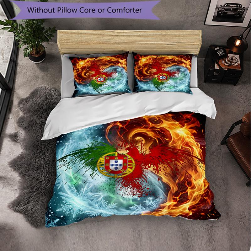 Portugal Football Pattern 3 Pieces Bedding Set Soft Microfiber Duvet Cover with Pillow Cases for Bedroom