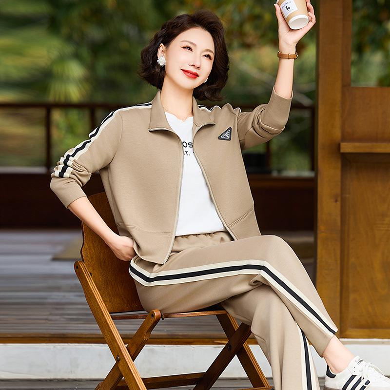 Frühlings-Freizeit-Zweiteiler mit Reißverschluss: Modische Langarm-Sportbekleidung für Frauen mittleren Alters