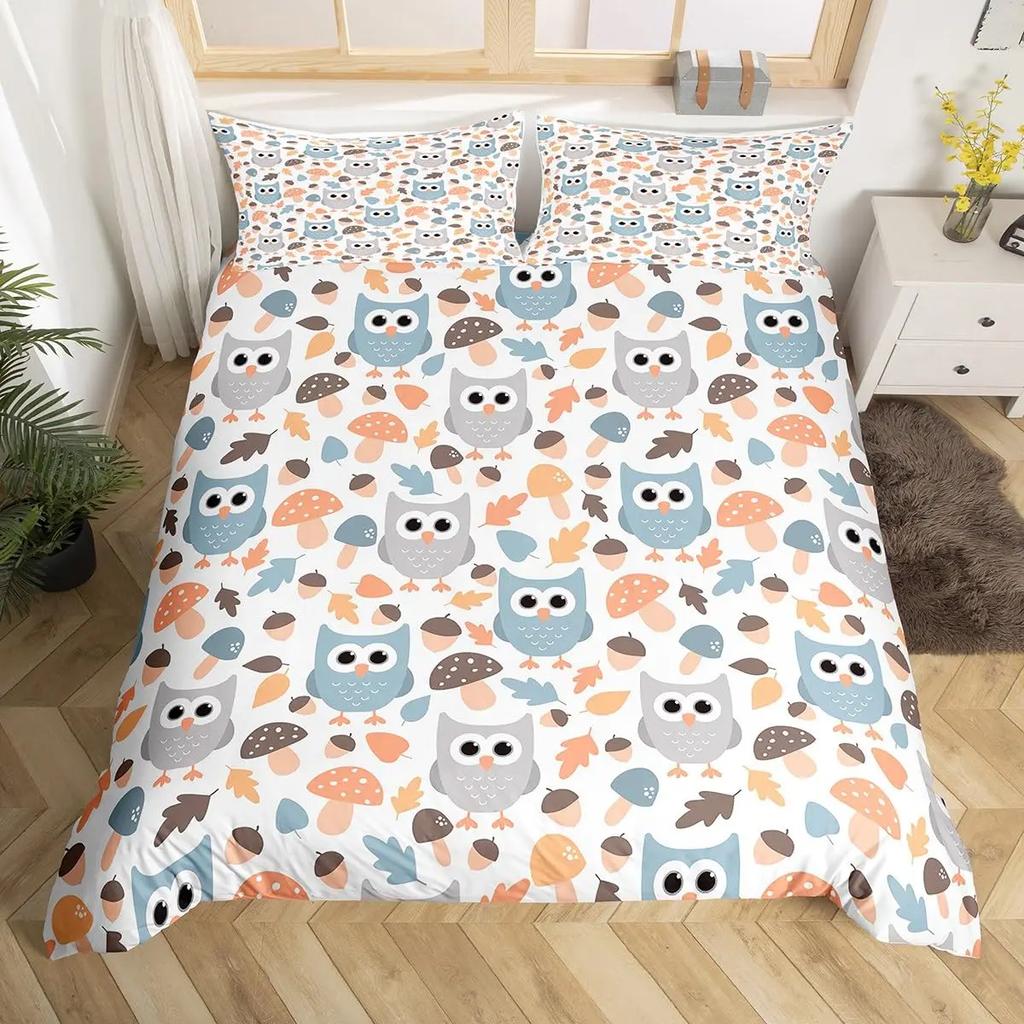 Kids Cartoon Garden Bed Set Cute Owls Comforter Cover, Chic Tree Butterfly Duvet Cover Full Queen White Daisy Floral Bedding Set