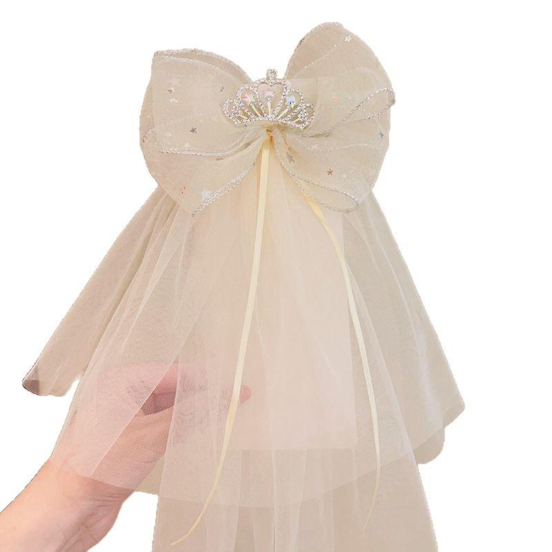 Children's Veil Hairpin Girl's Bow Crown Hairpin Photo Top Clip Baby's Birthday Mesh Headwear Princess Handmade Fashion