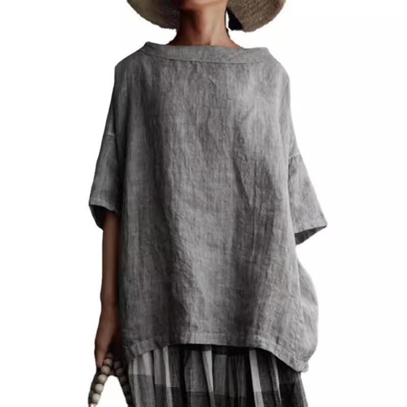 2022 Summer New European & American Cotton-Linen Solid Color Loose Women's Round Neck T-Shirt
