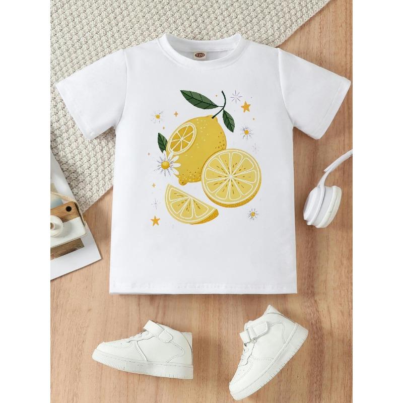 European Size Girls Round Neck Short Sleeved T Shirt with Summer Sea Salt Lemon Pattern Print