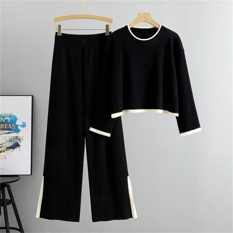 Knitted Set Women's Autumn Short Sweater Wide Leg Pants Two Piece Set