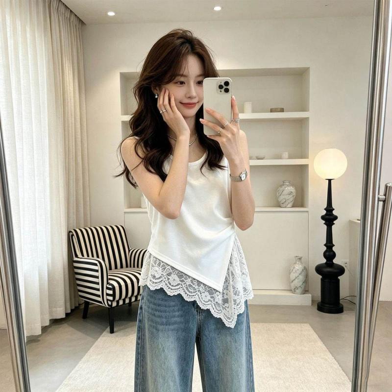 New Summer Women's Clothing with Irregular Design Lace French Sleeveless Tank Top T-Shirt