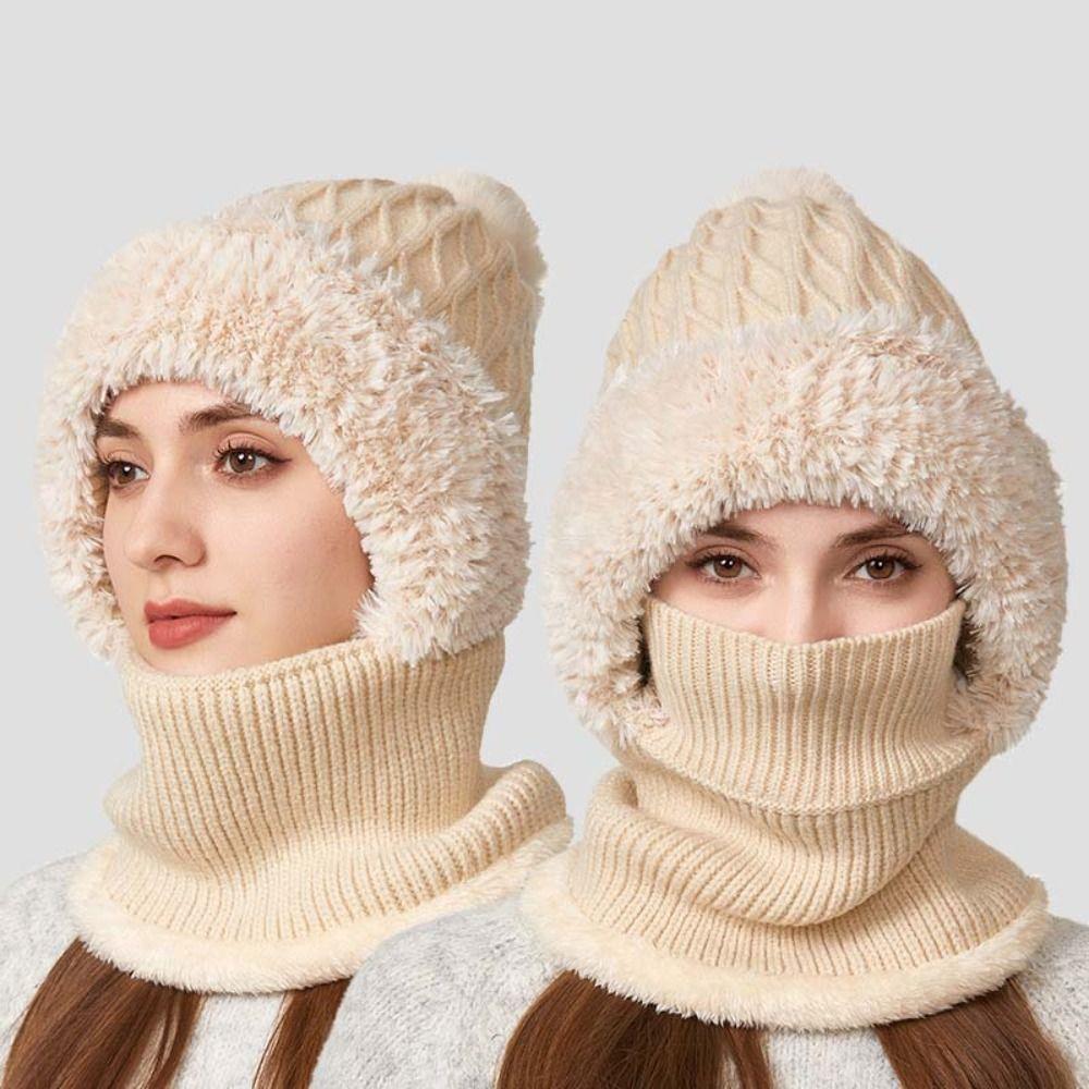 Plush Winter Cap Mask Set Solid Color Balaclavas Hat Fashion 2in1 Scarf Hat Ski