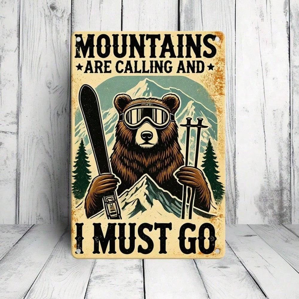 1PC Vintage Bear Hiking Tin Sign, The Mountains Are Calling Retro Outdoor Wildlife Metal Plaque, Sturdy Cabin Wall Decor
