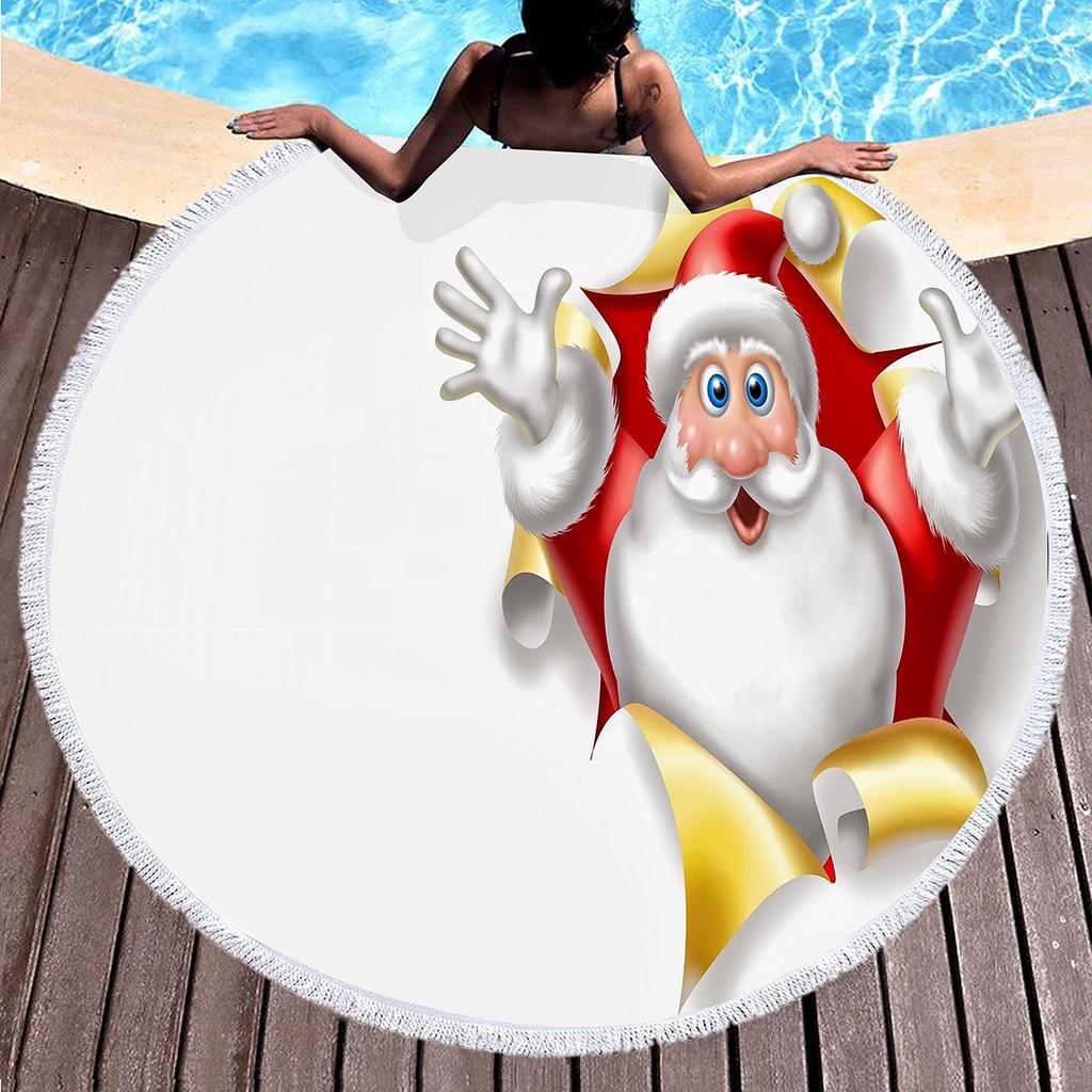 Cartoon Santa Claus Round Beach Towel,Christmas Theme Beach Towels, Microfiber Bath Towel for Boys Girls Adult New Year's Gift